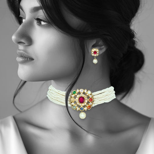 Multi-Strand Pearl Choker Set with Navaratna Motif and Drops
